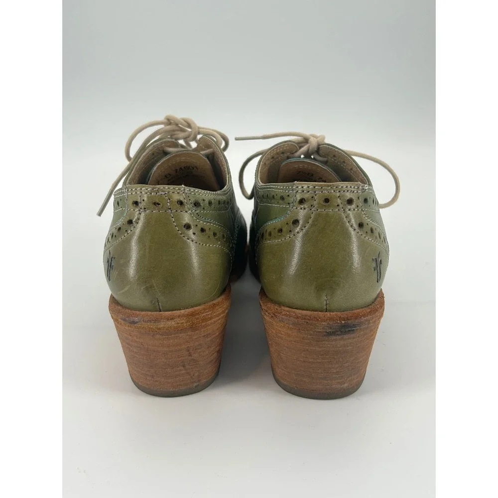 Frye Olive Green Leather Wingtip Oxford Heels Lace Up Shoes Women's 7.5 B